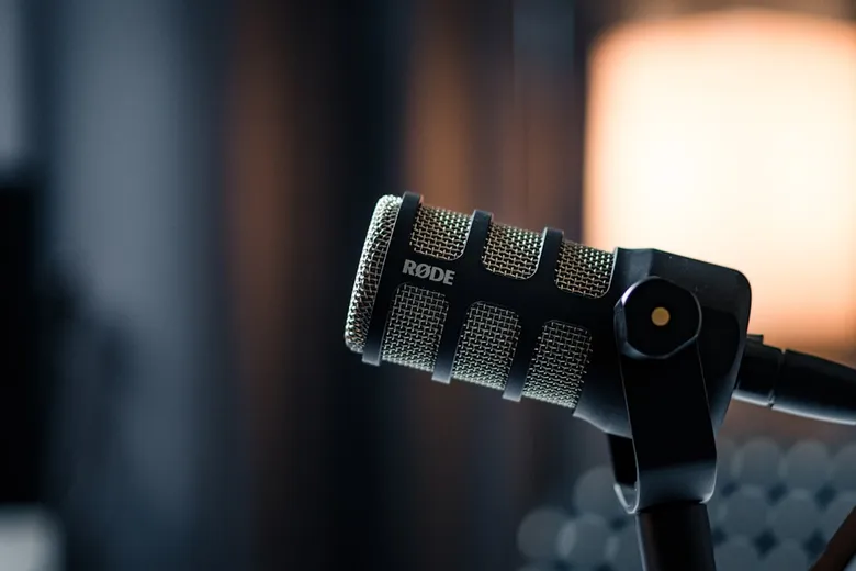 Professional podcast microphone in a recording studio