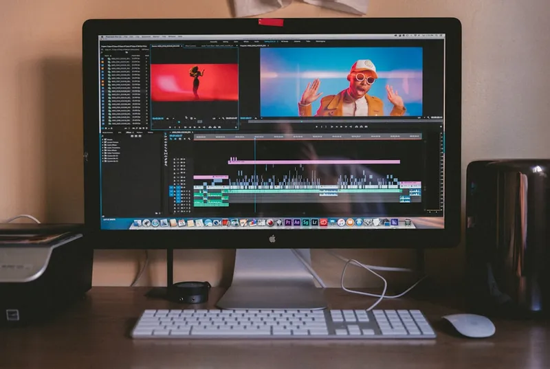 iMac desktop editing setup for video caption work
